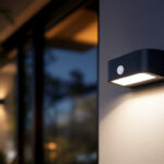 A photograph of a stylish exterior lighting fixture equipped with a motion sensor