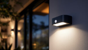 A photograph of a stylish exterior lighting fixture equipped with a motion sensor