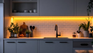 A photograph of a beautifully lit kitchen featuring under counter led lighting