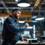 A photograph of a lighting contractor efficiently installing modern led fixtures in a well-lit workspace