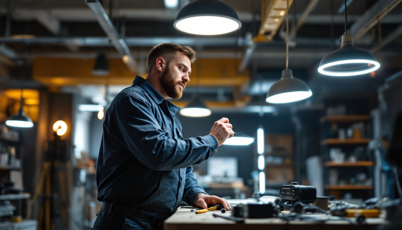 A photograph of a lighting contractor efficiently installing modern led fixtures in a well-lit workspace