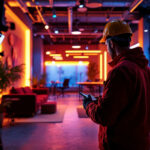 A photograph of a lighting contractor in the midst of a project