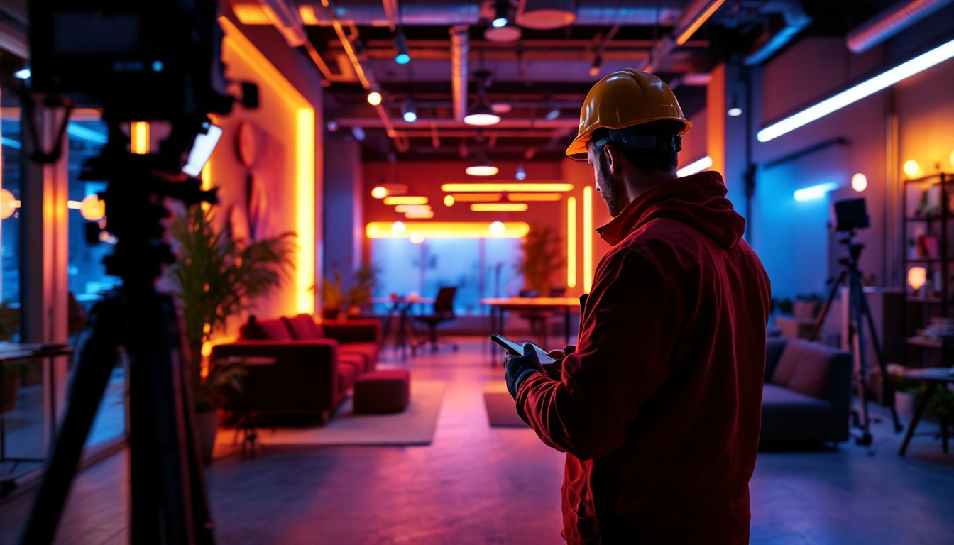 A photograph of a lighting contractor in the midst of a project