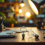 A photograph of a well-lit workspace featuring a variety of halide bulbs alongside tools and equipment used by lighting professionals