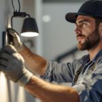 A photograph of capture a photograph of a lighting contractor installing the acessmlighting cobra fixture in a well-lit