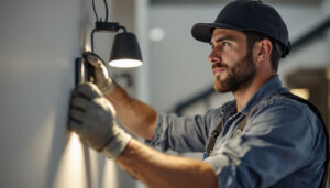 A photograph of capture a photograph of a lighting contractor installing the acessmlighting cobra fixture in a well-lit