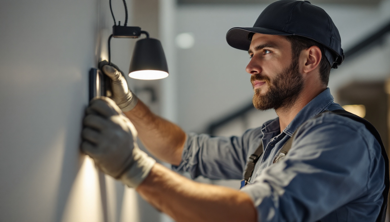 A photograph of capture a photograph of a lighting contractor installing the acessmlighting cobra fixture in a well-lit