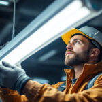 A photograph of a lighting contractor installing or replacing an 8 ft fluorescent tube in a commercial setting