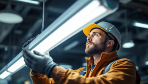 A photograph of a lighting contractor installing or replacing an 8 ft fluorescent tube in a commercial setting