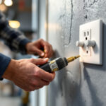 A photograph of a lighting contractor installing a twist lock receptacle in a commercial space
