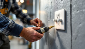 A photograph of a lighting contractor installing a twist lock receptacle in a commercial space