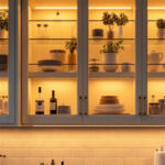 A photograph of a beautifully illuminated kitchen cabinet featuring sleek led strip lighting