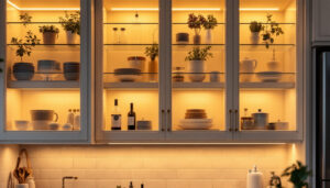A photograph of a beautifully illuminated kitchen cabinet featuring sleek led strip lighting