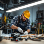A photograph of a well-lit workspace featuring a contractor or electrician carefully installing direct wire led tubes