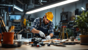 A photograph of a well-lit workspace featuring a contractor or electrician carefully installing direct wire led tubes