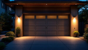 A photograph of a well-lit exterior garage showcasing various types of stylish and functional lighting fixtures