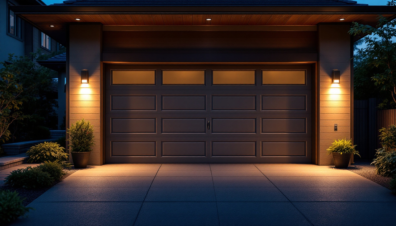 A photograph of a well-lit exterior garage showcasing various types of stylish and functional lighting fixtures