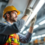 A photograph of a lighting contractor skillfully replacing a fluorescent light fixture in a commercial setting