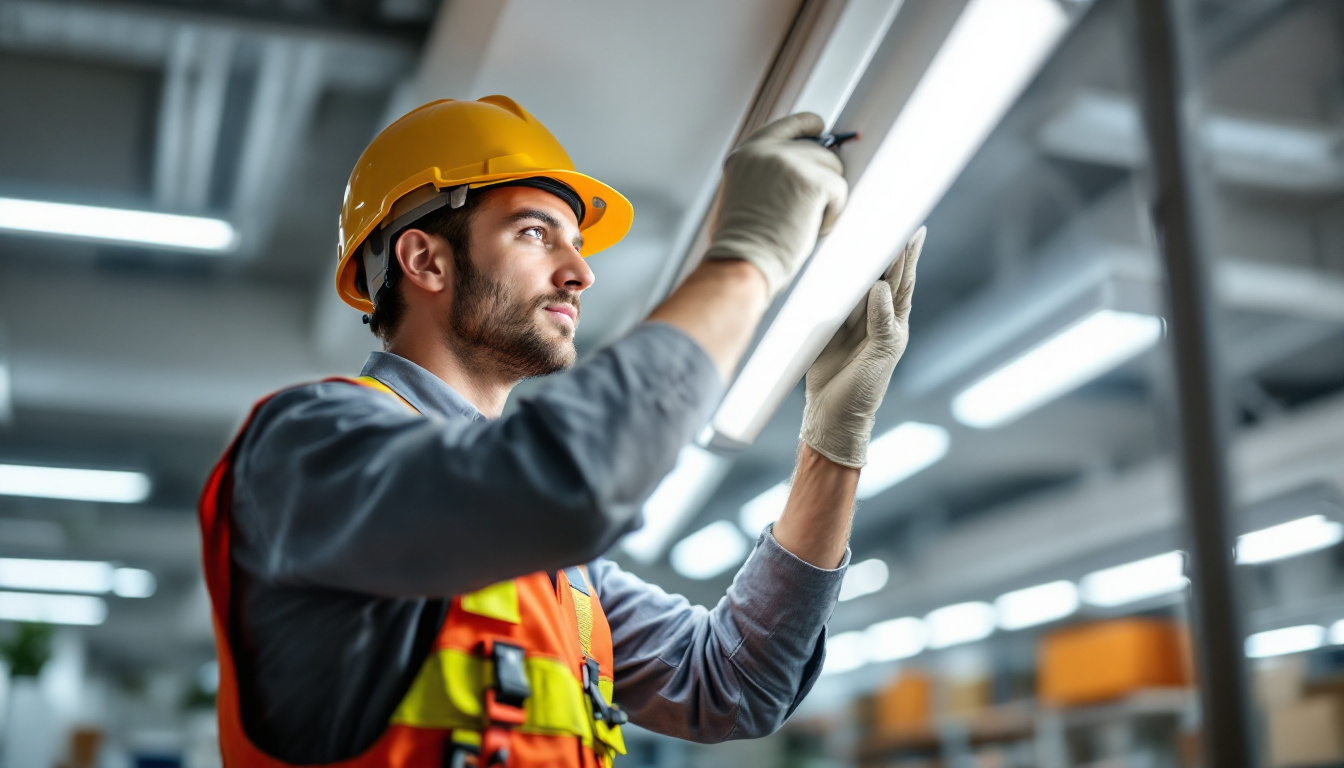 A photograph of a lighting contractor skillfully replacing a fluorescent light fixture in a commercial setting
