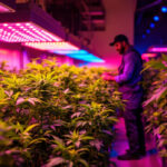 A photograph of a well-lit indoor grow space featuring vibrant plants illuminated by led grow lights