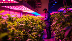 A photograph of a well-lit indoor grow space featuring vibrant plants illuminated by led grow lights