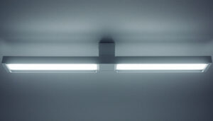 A photograph of a well-lit interior space showcasing the 2 lights fluorescent ho light fixture in use