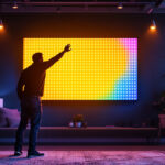 A photograph of a professional lighting contractor installing or showcasing a vibrant 6-foot by 4-foot led wall in a dynamic setting