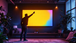 A photograph of a professional lighting contractor installing or showcasing a vibrant 6-foot by 4-foot led wall in a dynamic setting