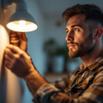 A photograph of a skilled lighting contractor installing pot lights in a modern home setting