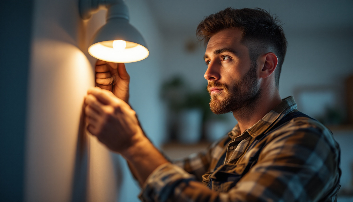 A photograph of a skilled lighting contractor installing pot lights in a modern home setting
