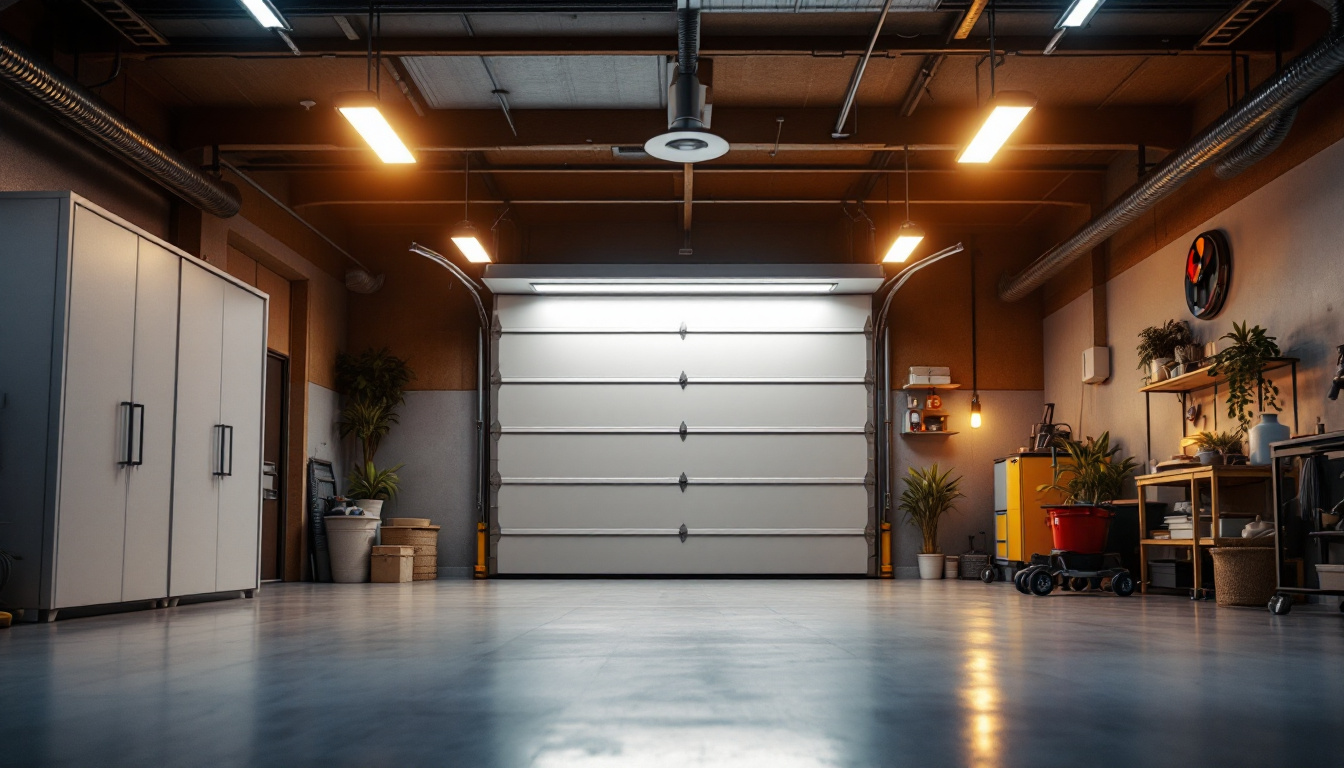 A photograph of a well-lit garage showcasing modern led light fixtures in use