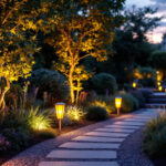 A photograph of a beautifully lit outdoor space at dusk