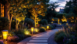 A photograph of a beautifully lit outdoor space at dusk
