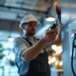 A photograph of a skilled lighting contractor installing or inspecting an outlet socket in a well-lit