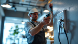 A photograph of a skilled lighting contractor installing or inspecting an outlet socket in a well-lit