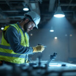 A photograph of a lighting contractor working efficiently on a job site