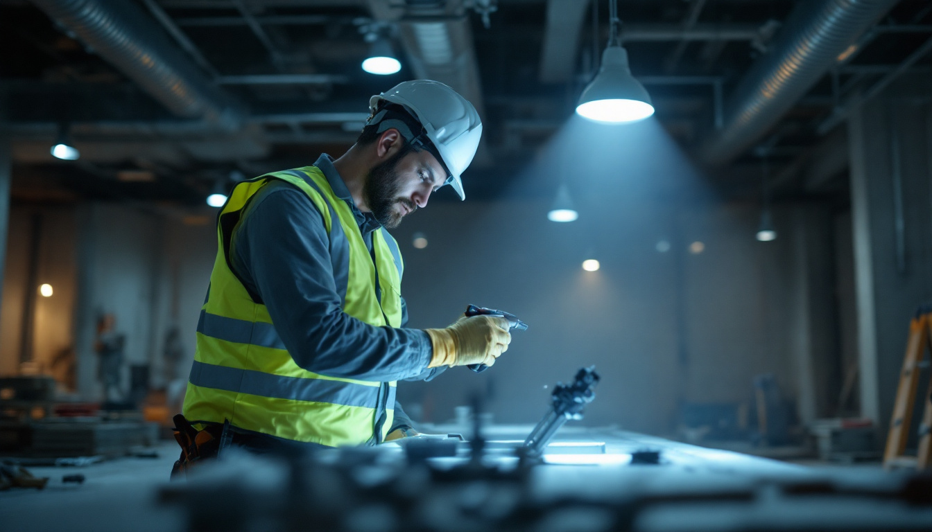 A photograph of a lighting contractor working efficiently on a job site