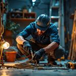 A photograph of a lighting contractor in action
