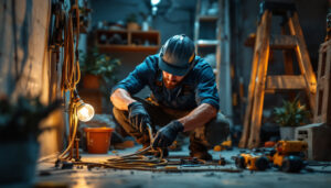 A photograph of a lighting contractor in action