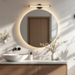 A photograph of a stylish vanity bathroom light fixture in a modern bathroom setting