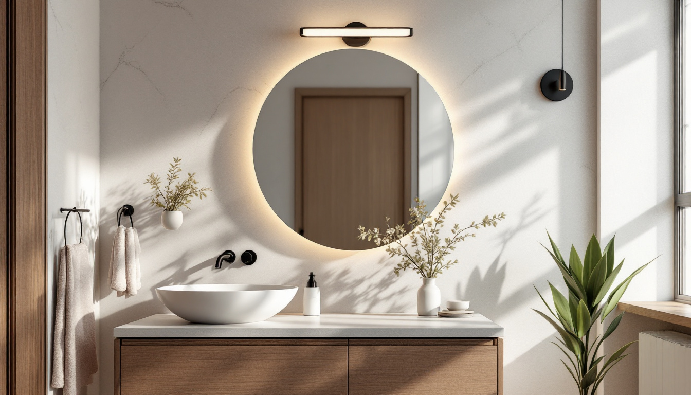 A photograph of a stylish vanity bathroom light fixture in a modern bathroom setting