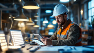 A photograph of a lighting contractor reviewing project plans on a tablet in a well-lit workspace