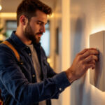 A photograph of a lighting contractor expertly installing or adjusting a dimmer switch for led tape lights in a modern interior setting