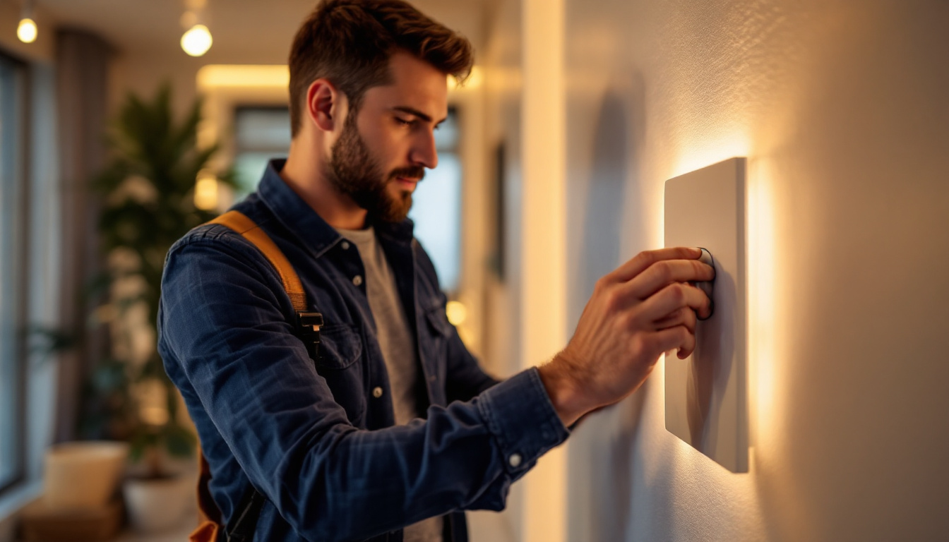 A photograph of a lighting contractor expertly installing or adjusting a dimmer switch for led tape lights in a modern interior setting