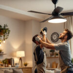 A photograph of a skilled lighting contractor expertly installing a stylish light fixture and fan in a beautifully designed room