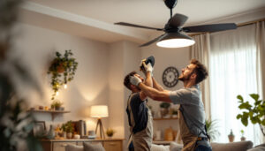 A photograph of a skilled lighting contractor expertly installing a stylish light fixture and fan in a beautifully designed room