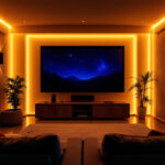 A photograph of a cozy home movie theater setup featuring adjustable lighting options