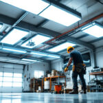 A photograph of a well-lit garage space featuring sleek led ceiling lights