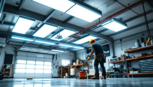 A photograph of a well-lit garage space featuring sleek led ceiling lights