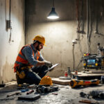 A photograph of a lighting contractor working on a job site